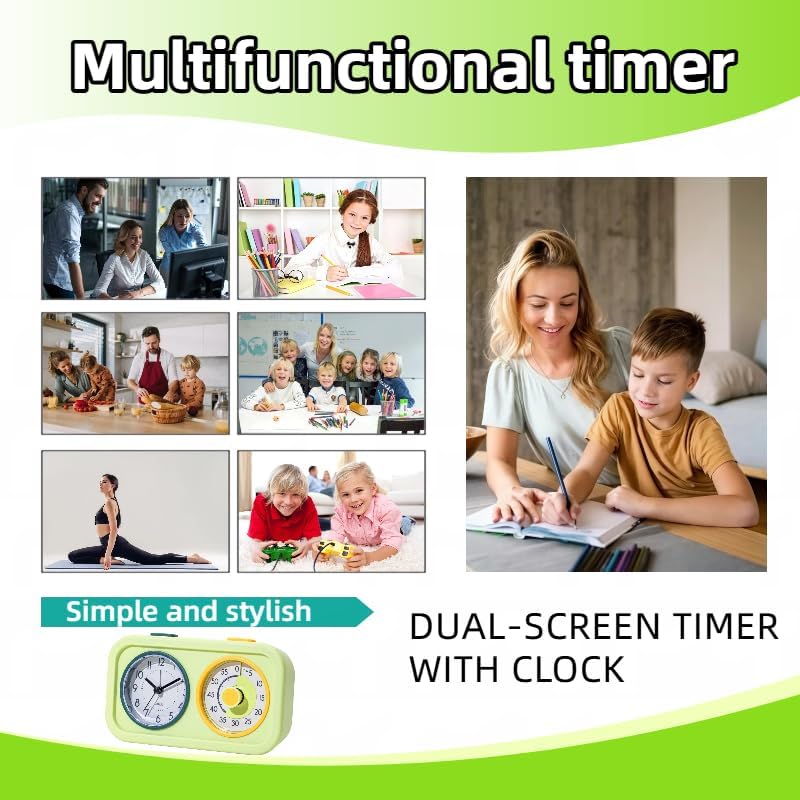 Visual Timer for Kids with Clock, 60 Minute Countdown Timer for Classroom, Home, Kitchen, Work, Dual-Screen Pomodoro Timer with Alarm Clock, Silent Time Management Tool with Night Light (Green)