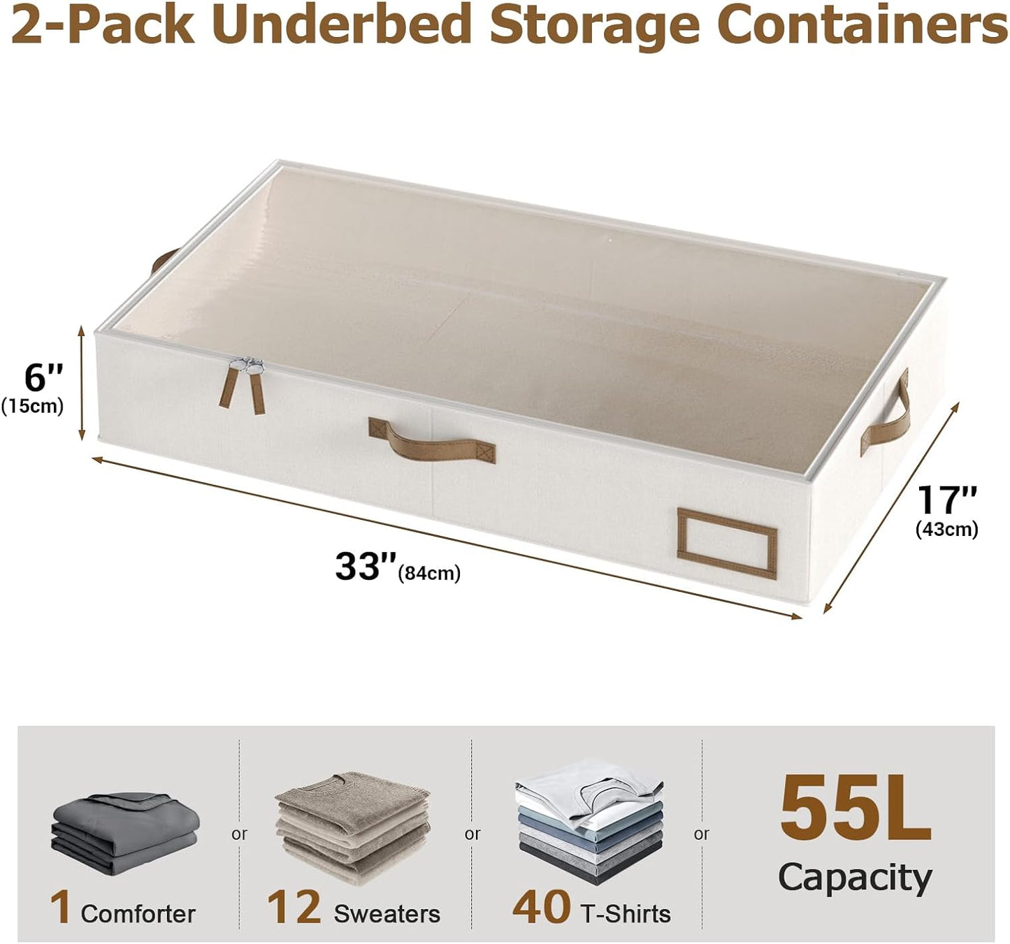 Under Bed Storage, Under Bed Storage Containers Bins for Clothes, Large Linen Underbed Closet Organization Bins, 2 Pack Collapsible Underbed Bin Dorm for Clothes, Sweater, Beige