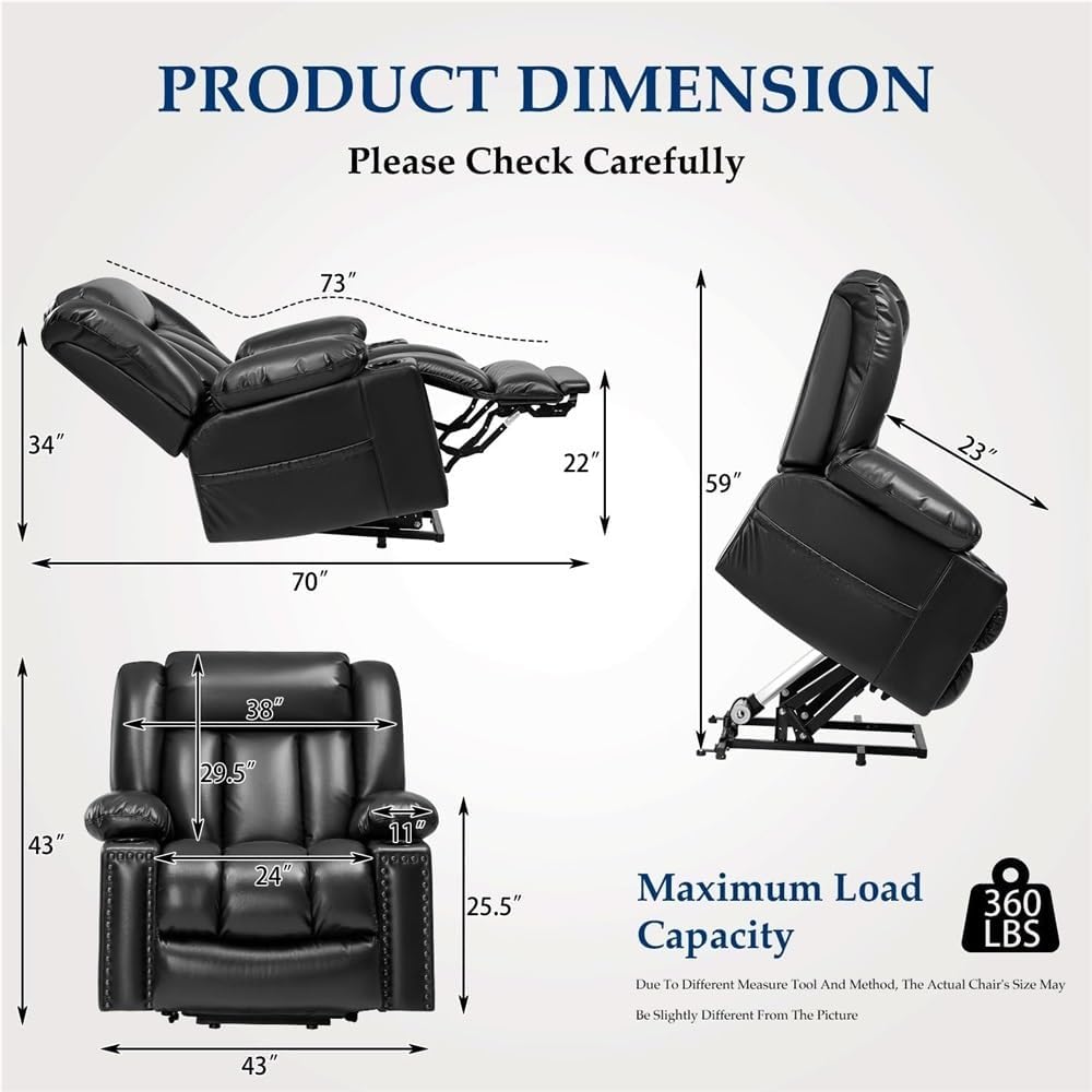 Large Power Lift Recliner Chair for Elderly with Heated Massage Three Position Adjustable Overstuffed Sofa Breathable Leather Upholstery Electric Mobility Assist Cup Holder