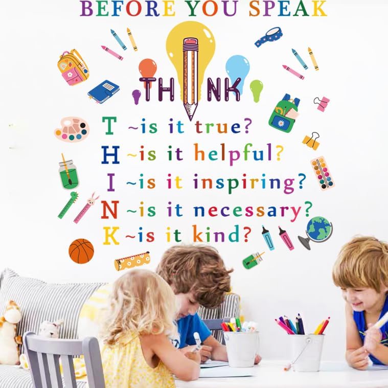Colorful Inspirational Quotes Wall Decals Motivational Phrases Stickers Inspirational Lettering Before You Speak Think Lettering Wall Stickers for Classroom Nursery Kids Home Decoration