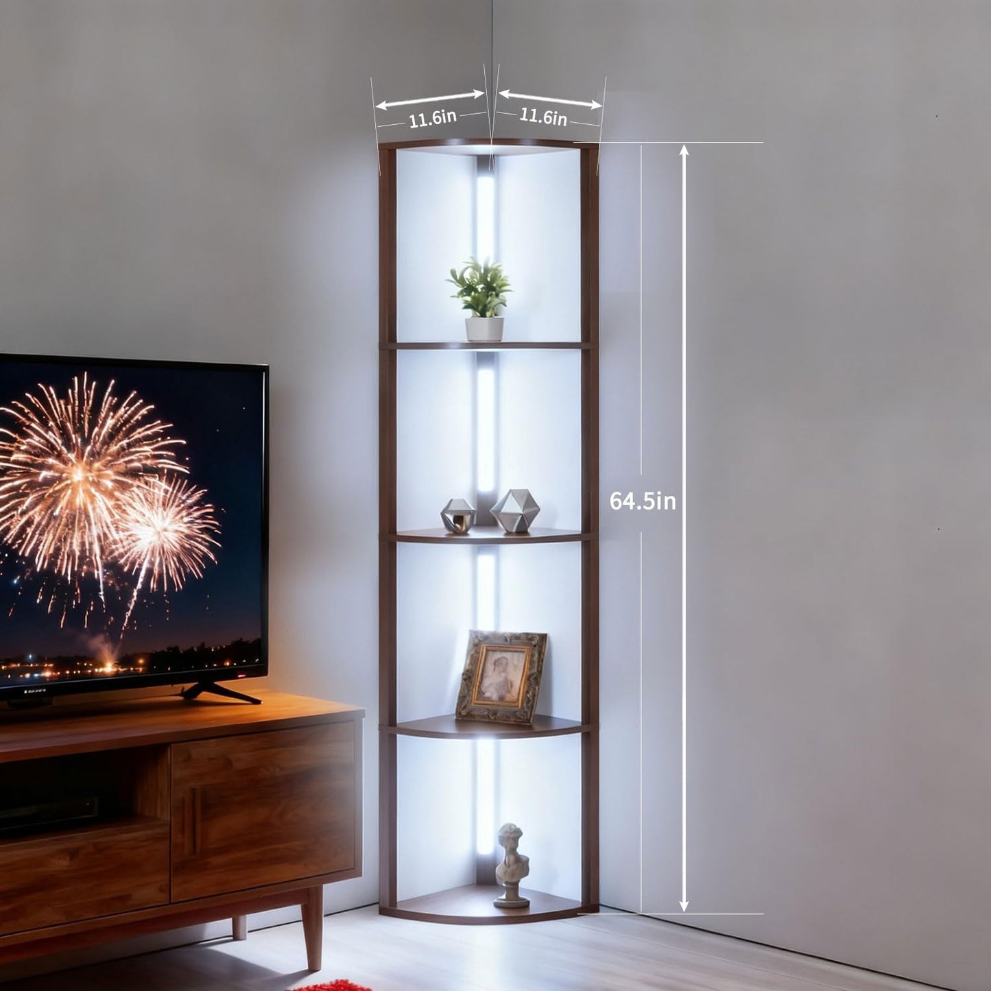RGBCW Floor Lamp with Shelves, Smart Modern Floor Lamp with Music Sync, LED Color Changing Corner Display Shelf Lamp, Tall Lamps for Living Room and Bedroom, Bookshelf Lamp, Brown