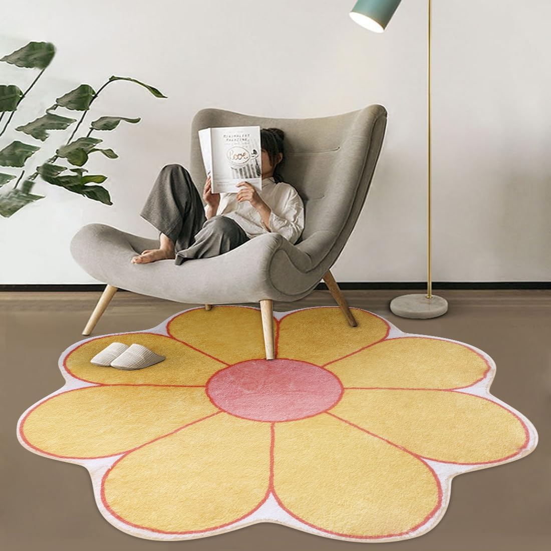 Poowe Flower Shaped Area Rug, Soft Floral Washable Round Rug - 39.4" Yellow