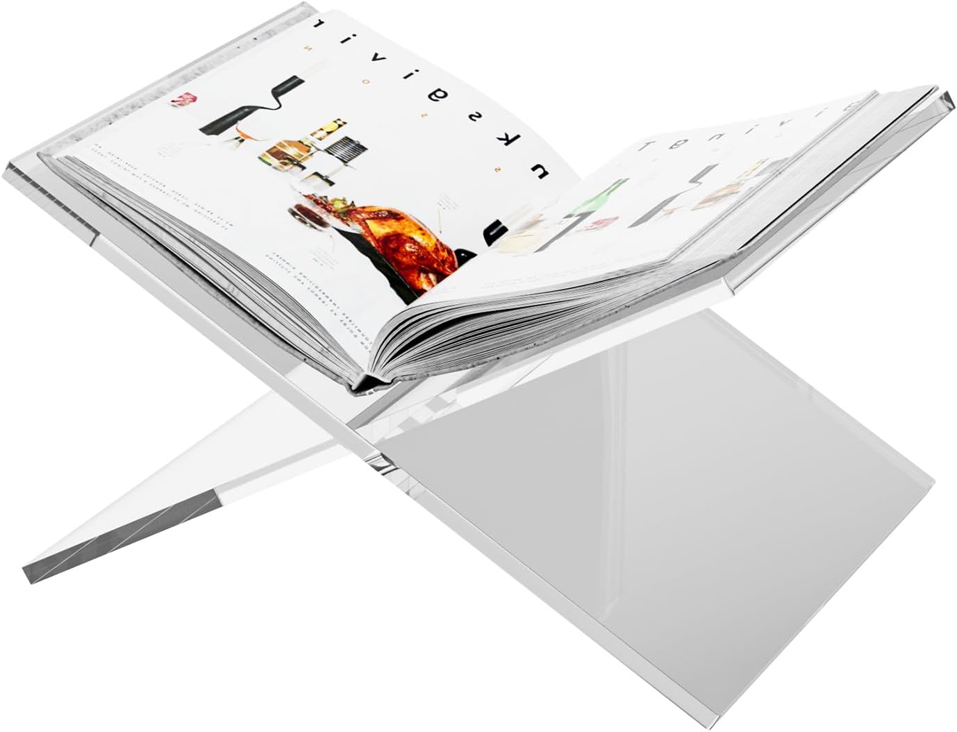 DDK Clear Acrylic Book Stand, 8mm Thick X-Frame Cookbook Holder, Recipe Book Display Stand for Bibles, Magazines, Tablets, Hands-Free Reading for Kitchen, Office, Home