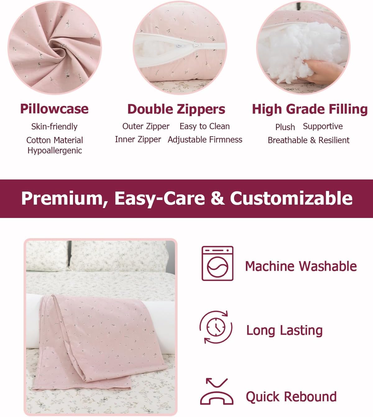 Full Body Pillow for Adults,55 Inch Long Bed Pillow, Candy Round Hugging Bolster, Firm Support for Side Sleepers, Adjustable Height with Washable Cotton Pillowcase, Pink