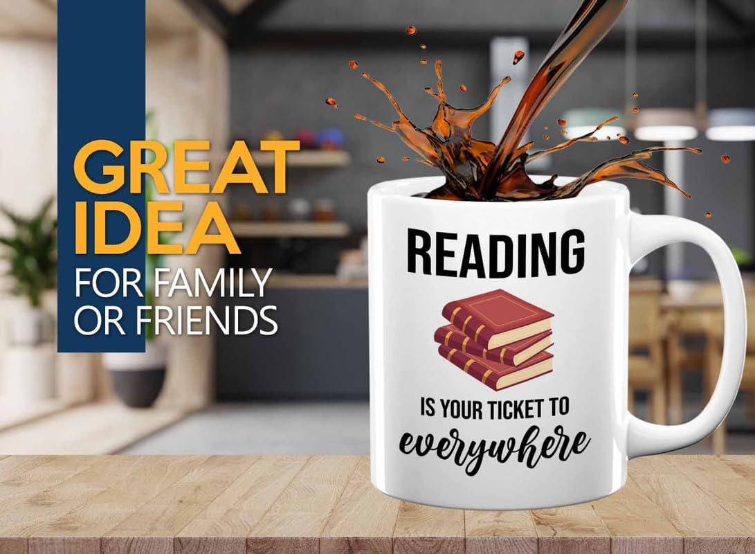 Bookish Coffee Mug 11oz White -Reading ticket to everywhere - Novel enthusiast Book Club Librarian Book Lover Writer Reader Bibliophile