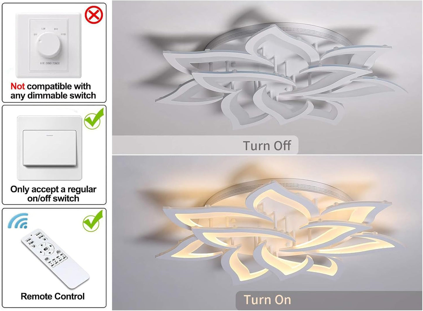 Garwarm Dimmable LED Ceiling Light, 72W Modern Acrylic Flush Mount Ceiling Lamp with Remote Control Metal Flower Shape Chandelier Lighting Fixture for Living Room Bedroom Kitchen