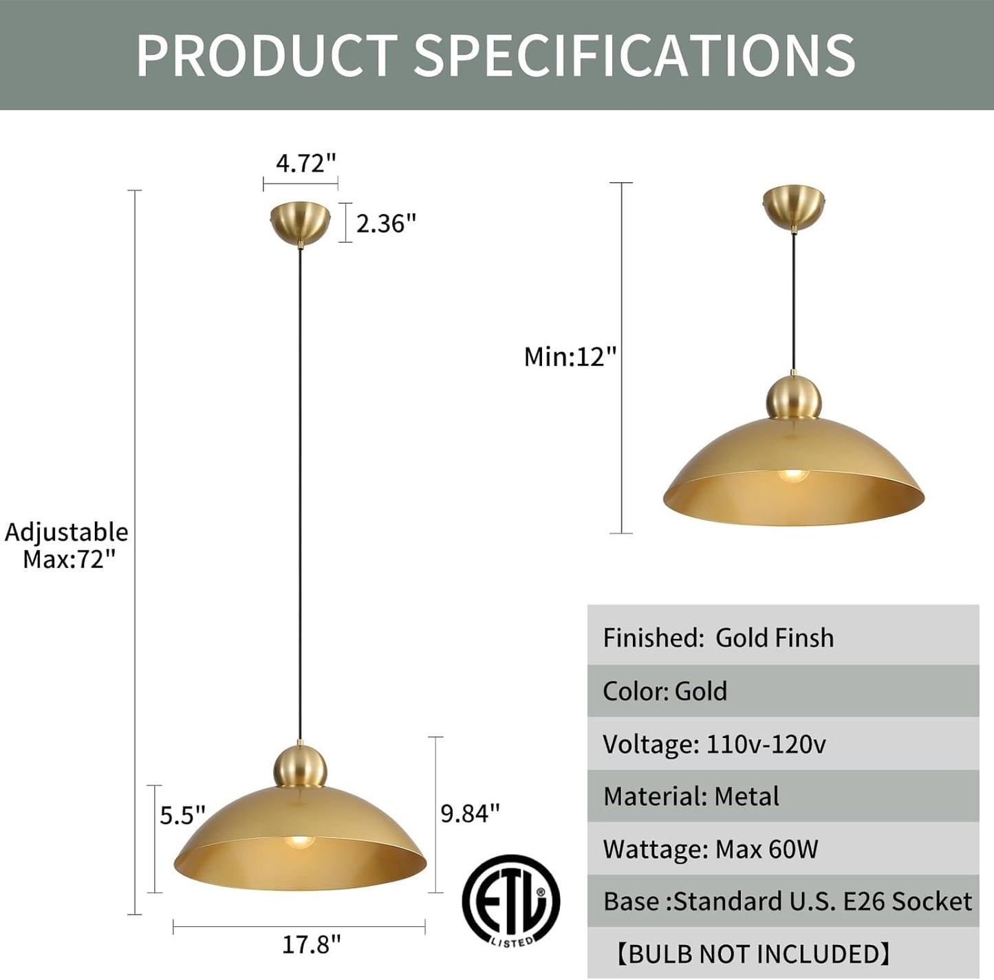 18 Inch Large Pendant Lights Kitchen Island Farmhouse Pendant Light with Adjustable Gold Dome Hanging Light Fixtures for Over Sink Dining Room Bedroom Hallway, ETL Listed
