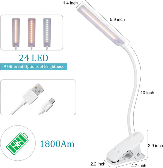 deaunbr LED Reading Light with Clip USB Rechargeable Book Lights, Eye Protection 24 LEDs Flexible Neck Night Bed Lamp, Touch Control Portable Clamp Desk Lamps for Bed Headboard, Computers