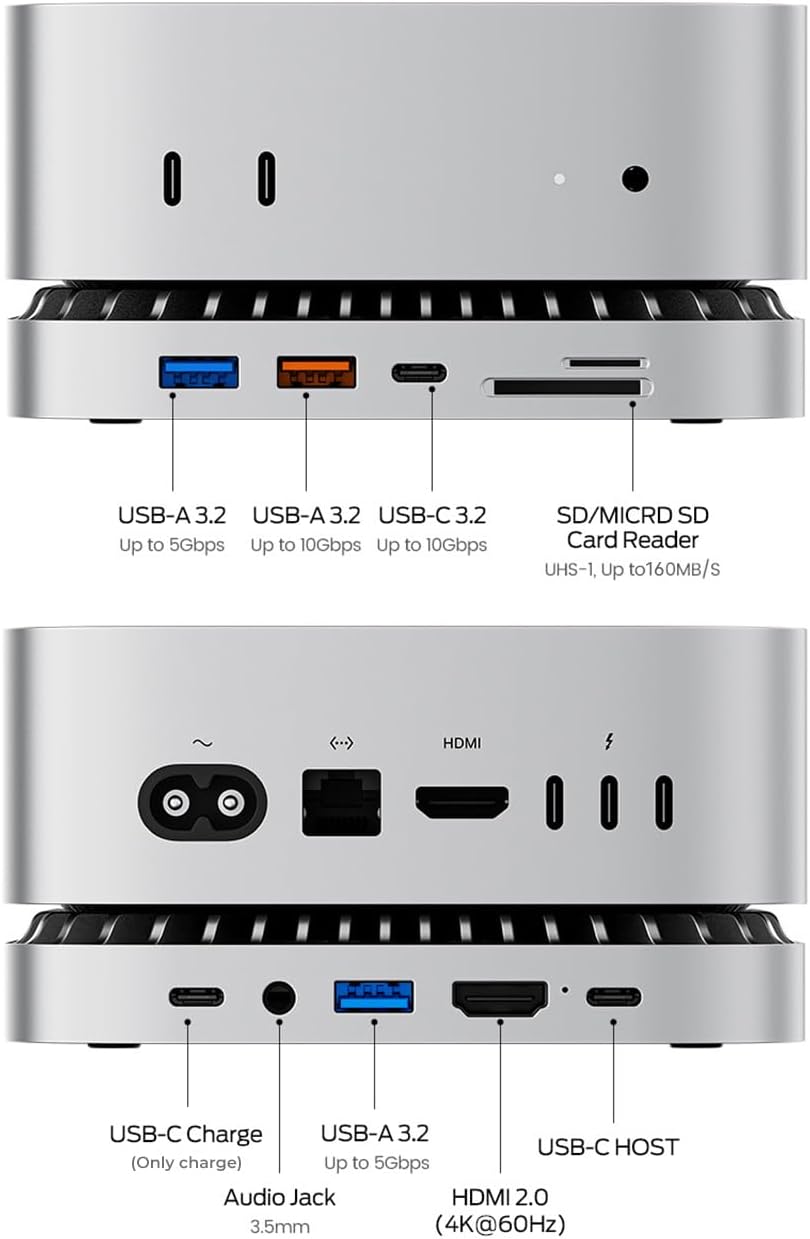 Mac mini M4 Dock, Aluminum Stand and HDMI Hub for Mac mini M4 and M4 Pro 2024 with M.2 NVMe/SATA SSD Enclosure, 4K60Hz HDMI,10G USB A/C, 5G USB A*2, USB-C Charge, SD/TF, Audio