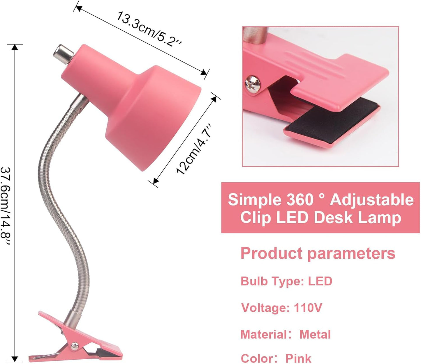 HonoDing Energetic Clip on Lamp for Bed, Non-Dimmable Reading Light for Bed and Desk, 4000K Cool White, 3.5W 240 LM Flexible Gooseneck lamp, Eye Protection (Pink)