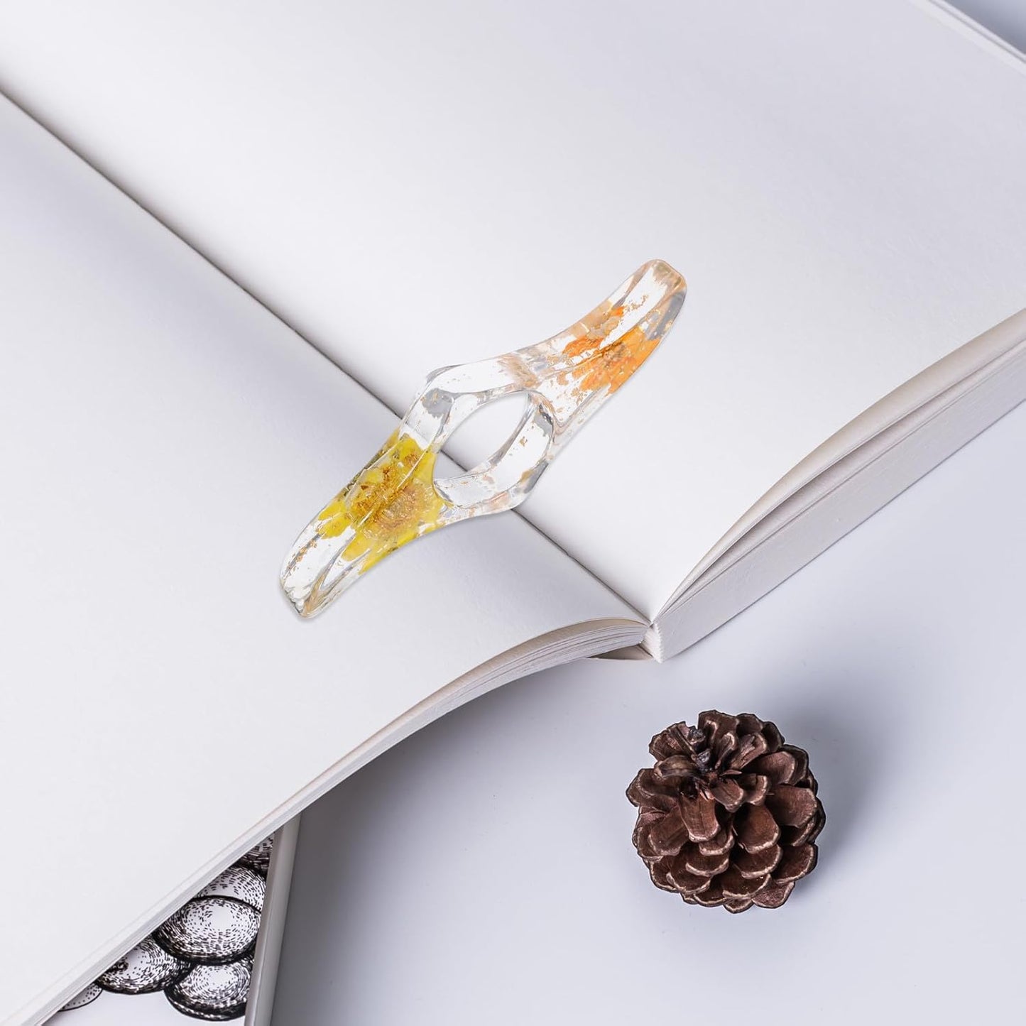 Multi-Function Thumb Page Holder Book Opener with Resin Flower Design, Yellow Orange Color, Reading Accessories for Hands-Free Book Support and Page Pressing