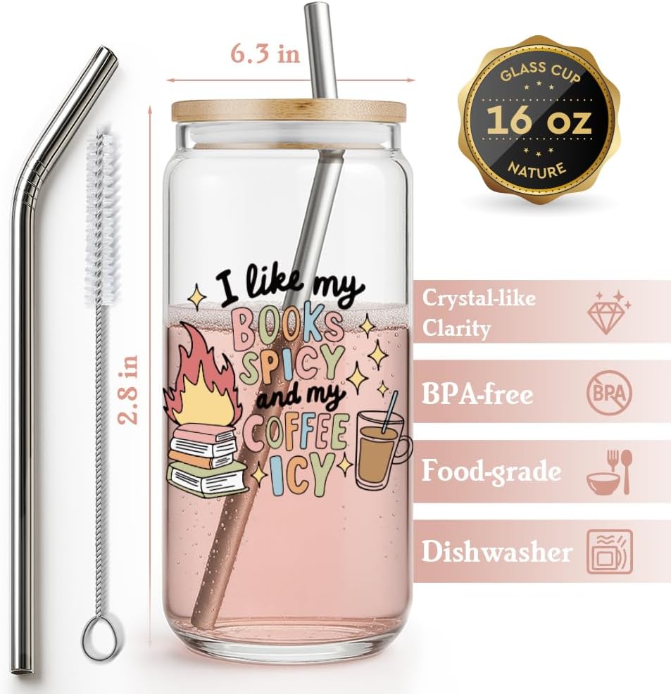 Funny Spicy Book Lover Gifts for Women,Men,Friends,Glass Cup with Lids and Straws,Bookish Gifts for Reader Libriran I Like My Books Spicy & My Coffee Icy Book Mugs Gift for Birthday Christmas -54