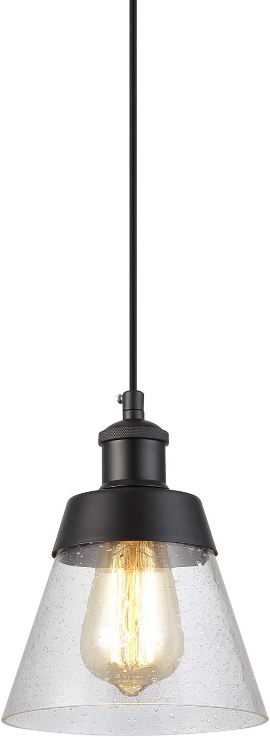 Industrial Glass Pendant Light with Handblown Clear Seeded Glass Shade, One-Light Adjustable Rustic Mini Pendant Lighting Fixture for Kitchen Island Cafe Bar Farmhouse, Black