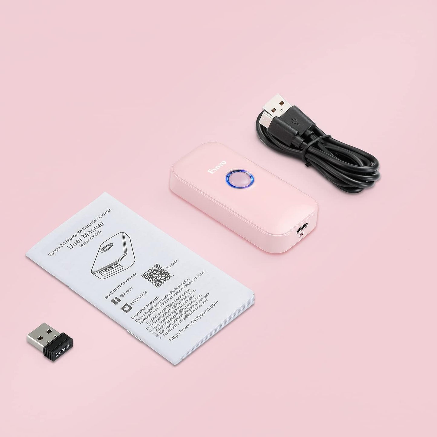 Eyoyo Mini 1D Bluetooth Barcode Scanner, 3-in-1 Bluetooth & USB Wired & 2.4G Wireless Barcode Reader Portable Bar Code Scanning Work with Windows, Android, iOS, Tablets or Computers(Pink)