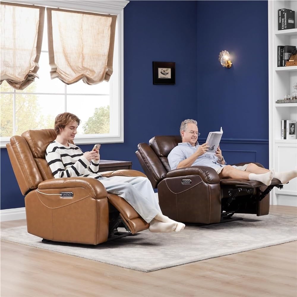 Leather Power Recliner Chair with Power Headrest, Luxury Home Theater Seating for Adults, Electric Reclining Sofa with USB Ports, Living Room Furniture