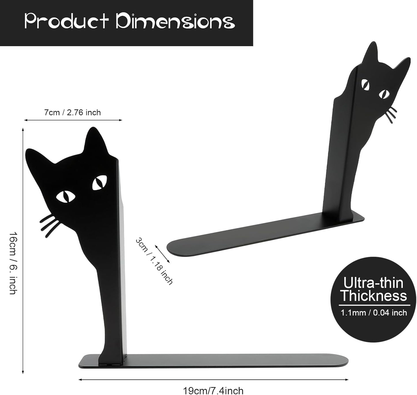 Cat Bookends for Heavy Books, 9.5 Inch Tall Metal Book Ends for Shelves, Decorative Black Iron Book Stoppers for Home Office Decor, 1 Pair