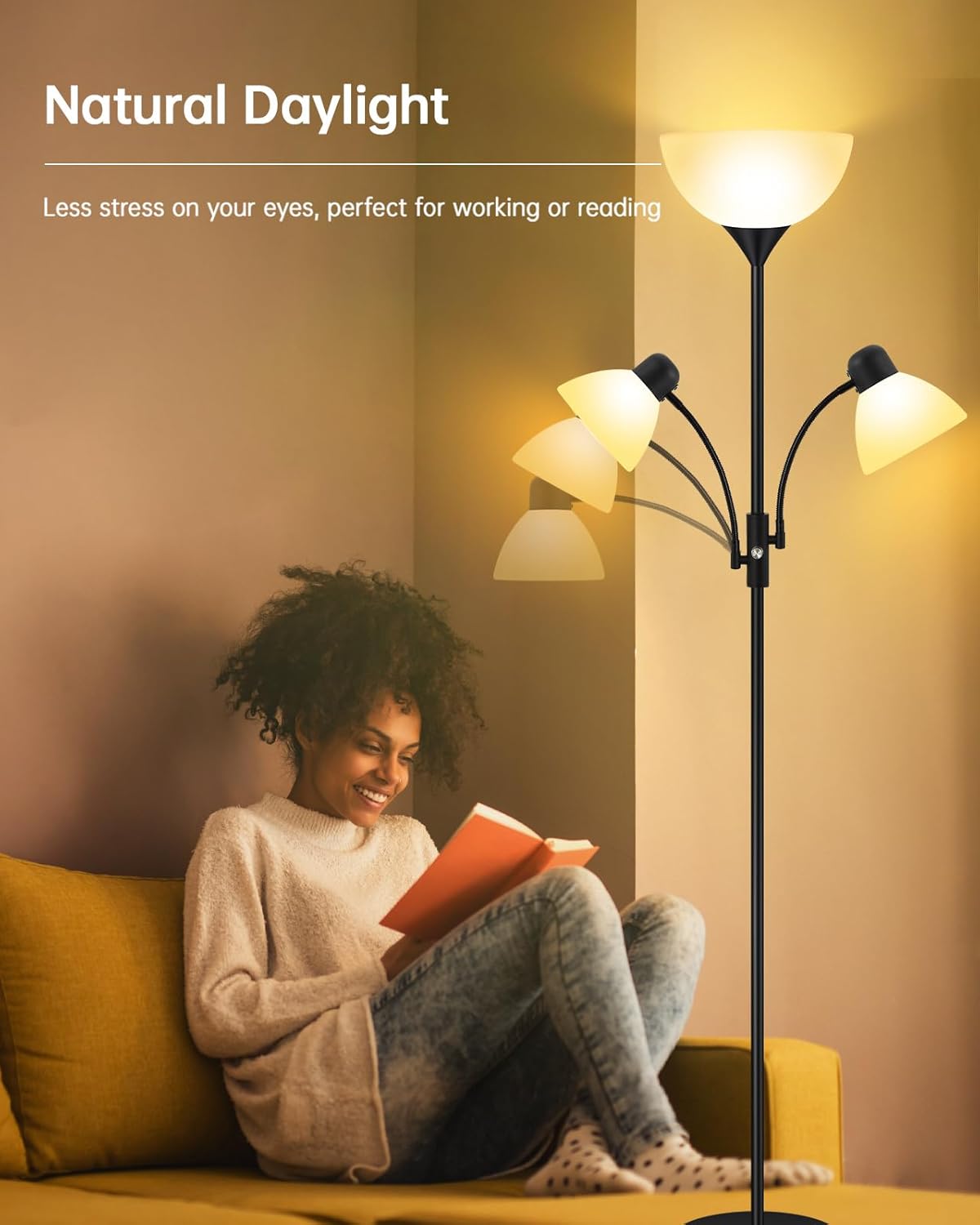 Floor Lamp, Torchiere Floor Lamps for Living Room, 71 Inch Tall Standing Lamp, Bedroom Lamps with Reading Light, Rotary Switch, 3 Plastic Lampshade, Torch Floor lamps for Bedroom (Black, No Bulb)