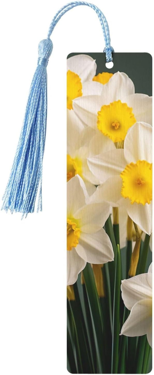 Daffodils Photos Bookmarks Gifts for Women Men, Wooden Bookmarks for Book Lovers, Vintage Book Marks Ornaments with Tassel, Unique Personalized Reading Page Markers Sky Blue