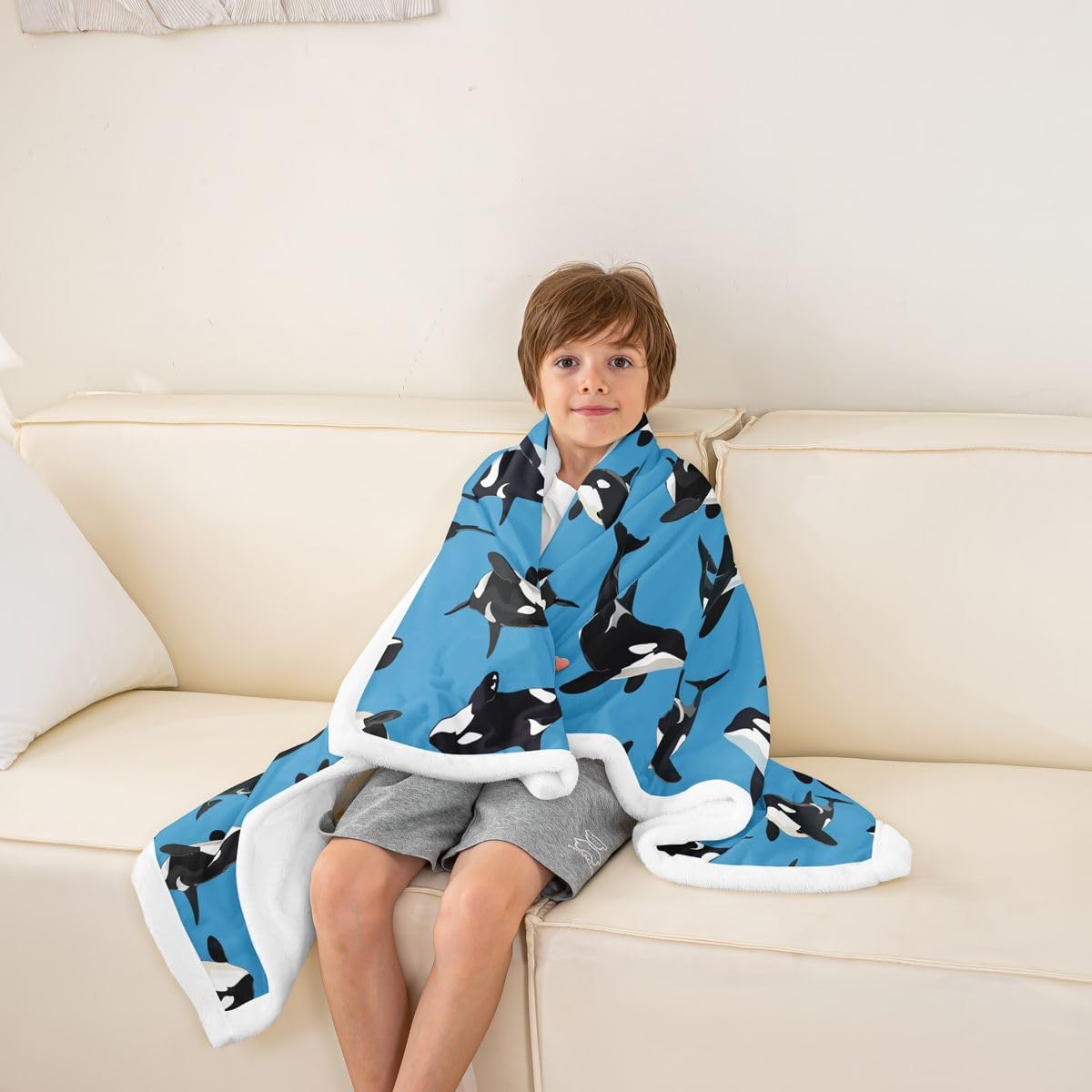 Feelyou Orca Sherpa Throw Blanket for Couch Ocean Whale Super Soft Cozy Fleece Sealife Blanket for Winter, Plush Throw Ocean Marine Baby 30"x40" Marine Life Sea All Season