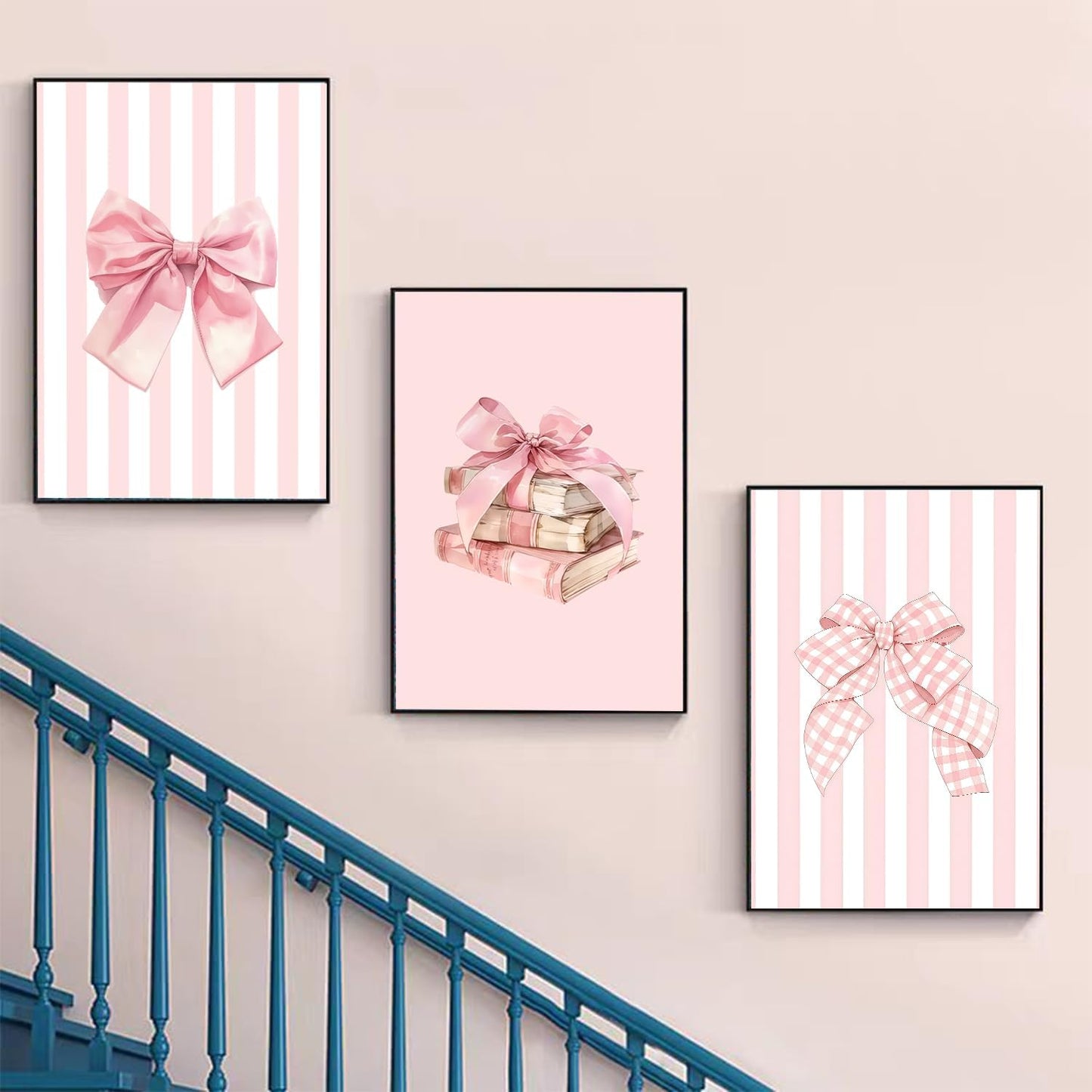 3Pcs Pink Bow Canvas Wall Art Coquette Preppy Reading Poster Print Pink Book Stripes Aesthetic Pictuer Painting for Girl's Room College Dorm Bedroom Living Room Library Wall Deocr （16×24in Unframed）