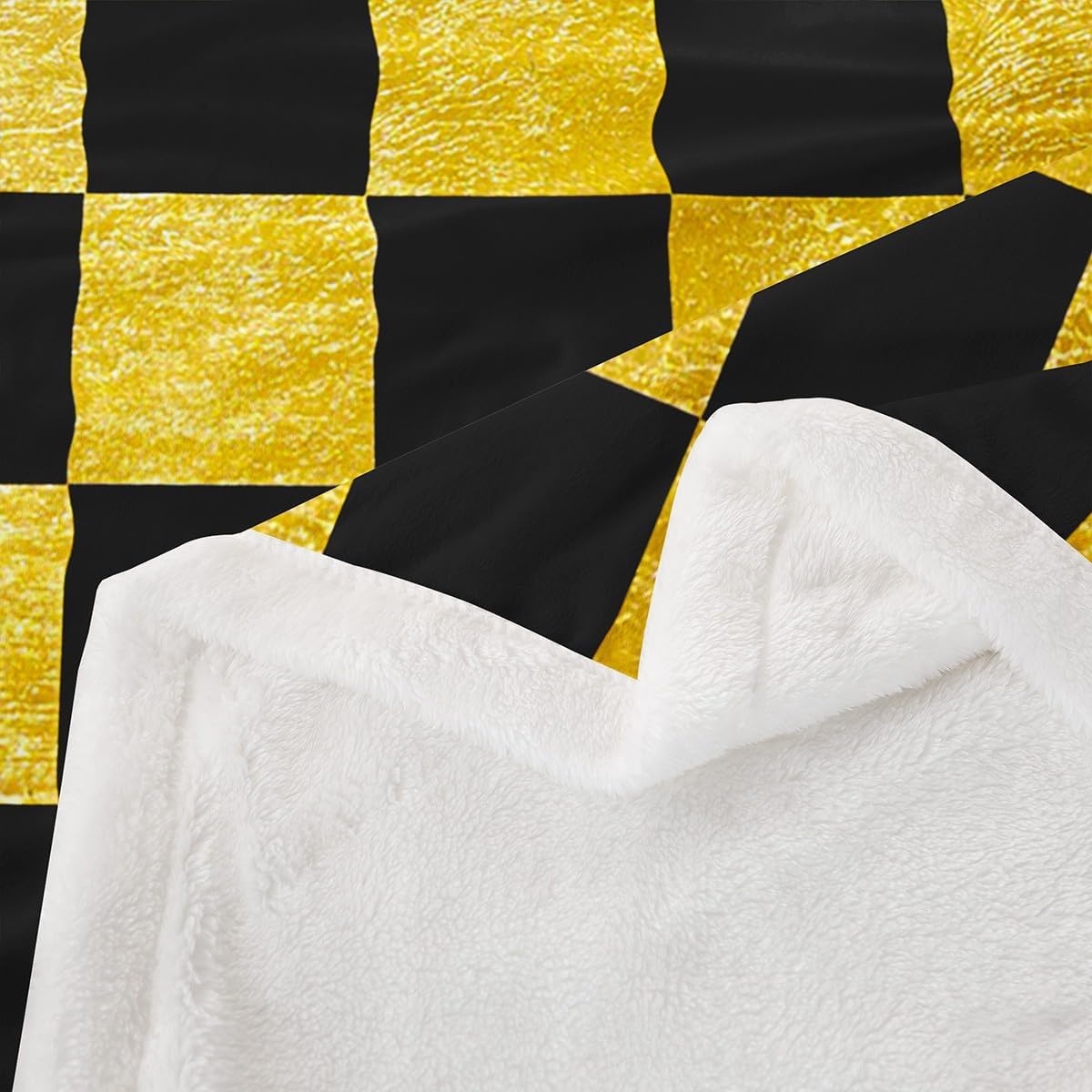 Feelyou Checkered Retro Throw Blanket Golden Black Plaid Soft Fleece Sherpa Cozy Fuzzy Plush Warm Geometric Vintage Fuzzy Plush Throw Modern Simple Groovy Aesthetic 40"x50" for Bed Couch Living Room