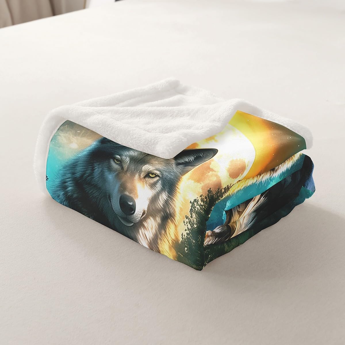 Feelyou Wolf Sherpa Blanket Queen 90"x90" Mountain Moon Wolves Fleece Throw Blanket for Bed Sofa Couch Wild Animals Plush Blanket Fantasy Wildlife Print Fuzzy Blanket