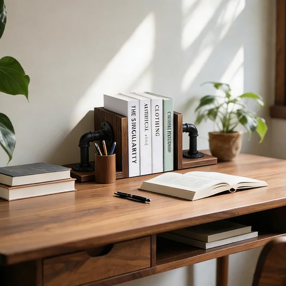 WADORN Decorative Book End, Handmade Heavy Duty Book Holders with Modern Industrial-Style Pipe Design Rustic Non-Skid Thickened Wooden Bookends for Home Library Office Desktop Bookshelf Decor