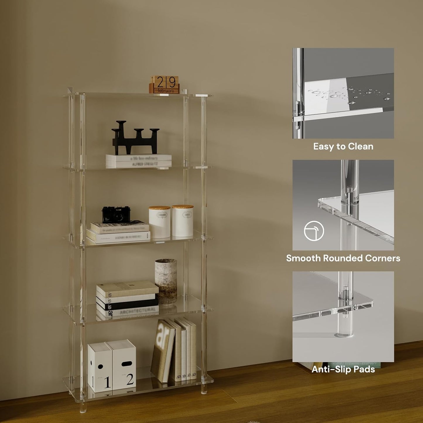 5-Tier Acrylic Bookshelf, 11.6" D x 23.6" W x 51.2" H, Modern Clear Bookcase for Home Office, Multifunctional Open Book Shelves for Living Room, Bedroom, Easy Assembly