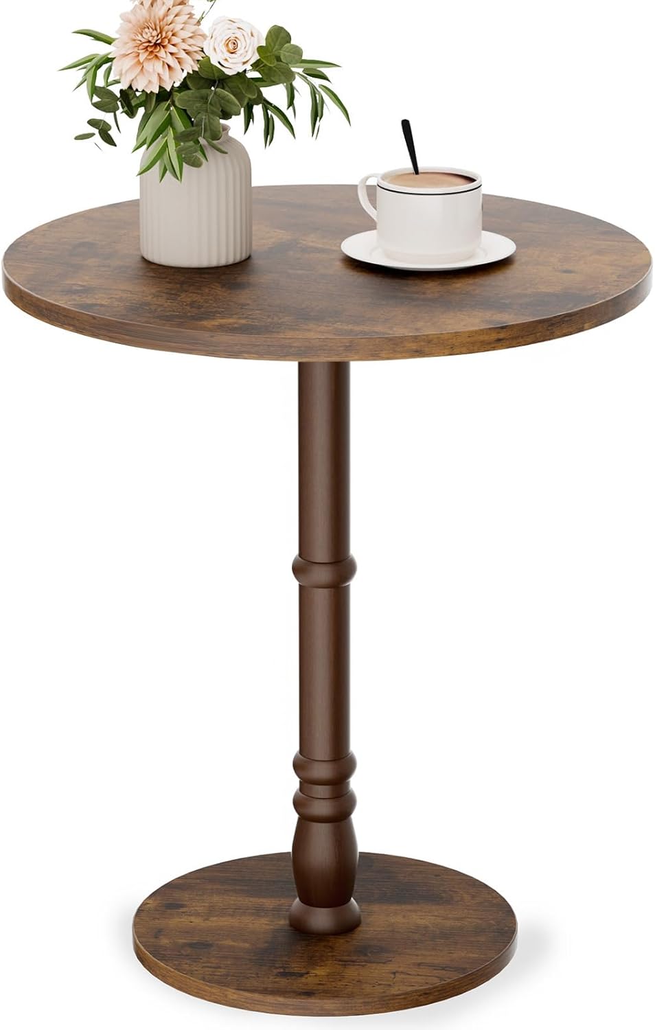 16" Round Side Tables, Solid Wood Pillar with Wood Top & Base, Small Drink Accent Table for Living Room, Bedroom, Sofa & Office, Easy Assembly, Rustic Brown