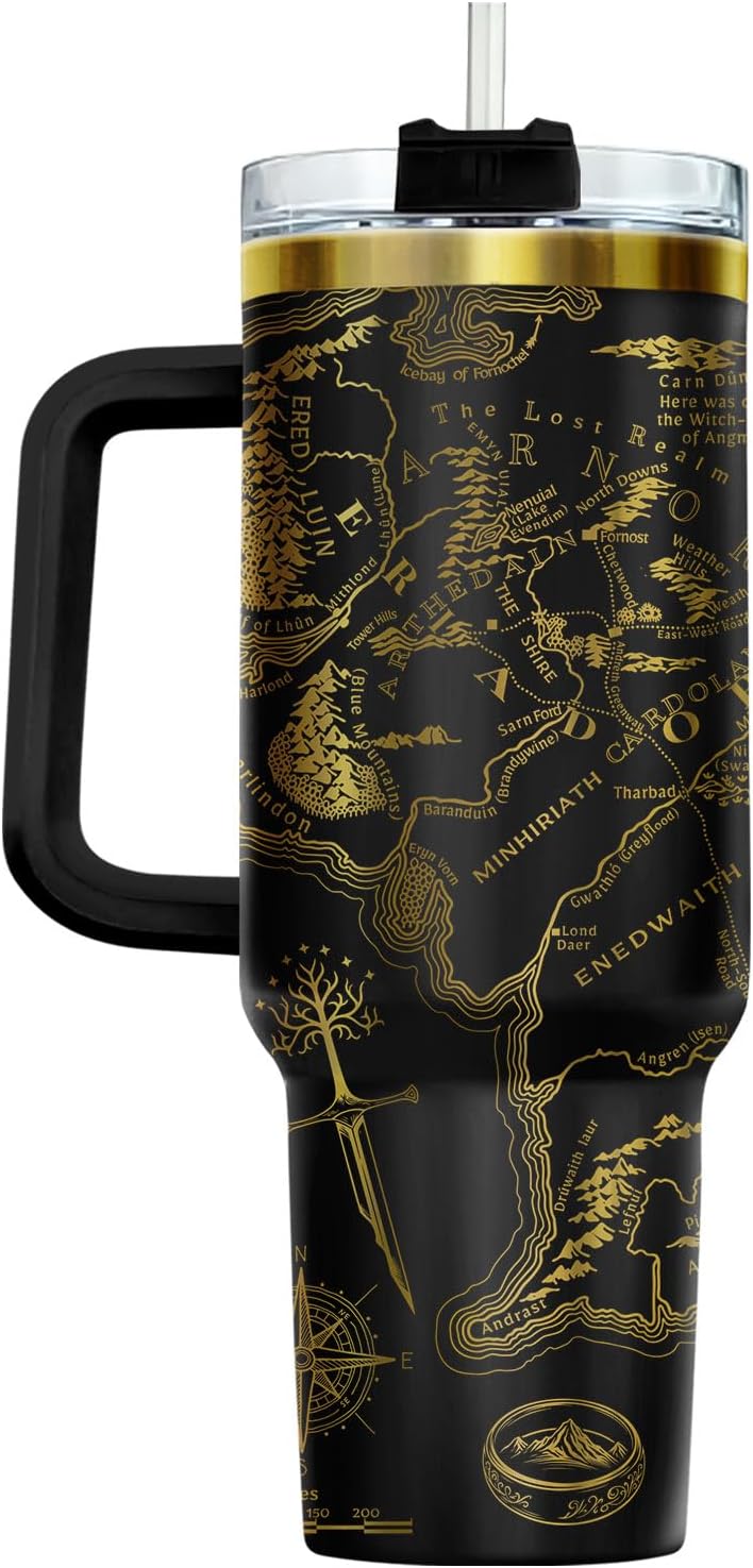 Fantasy Map Laser Engraved Tumbler 40oz Stainless Steel with Handle and Straw Epic Bookish Travel Cup Gold Engraving Gift for Fantasy Lovers Men Women