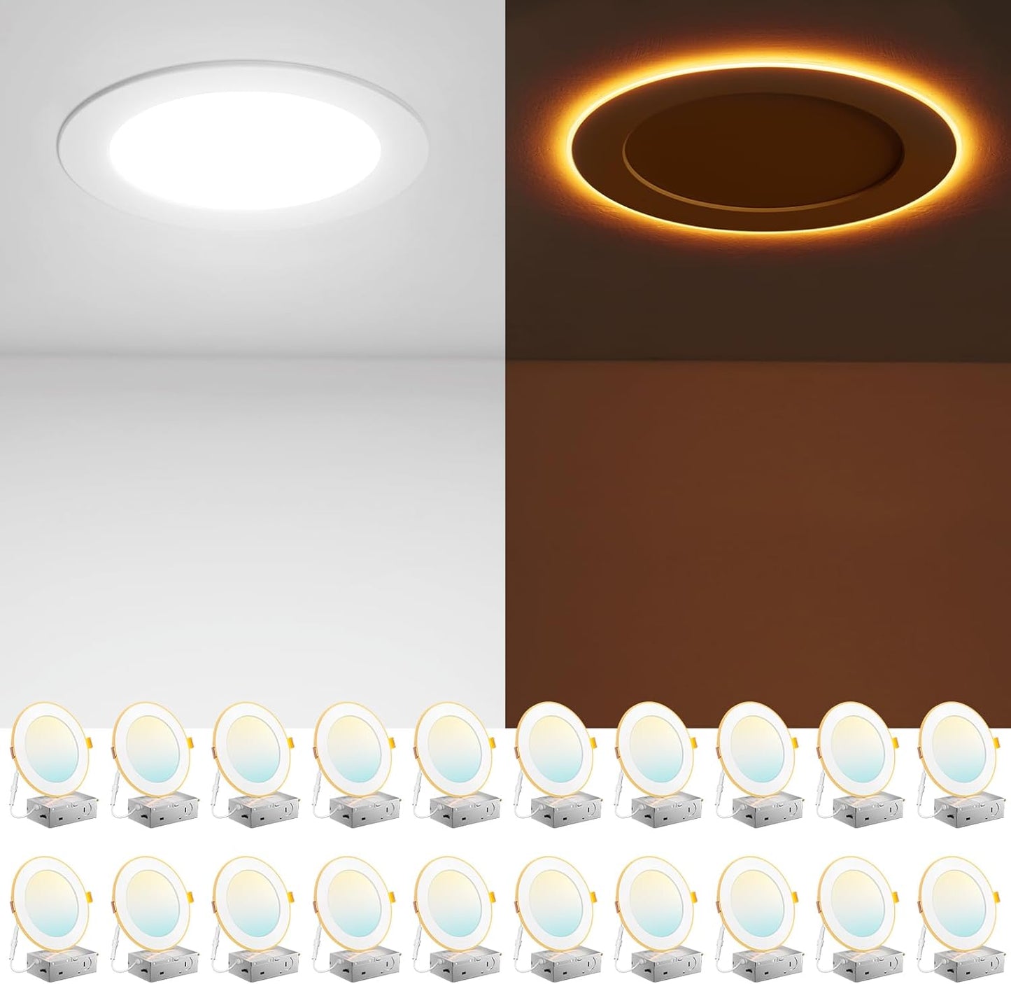 Amico 20 Pack 6 Inch 5CCT LED Recessed Ceiling Light with Night Light, 2700K/3000K/3500K/4000K/5000K Selectable Ultra-Thin Recessed Lighting, 12W=110W, 1100LM, Dimmable Canless Wafer Downlight ETL&FCC