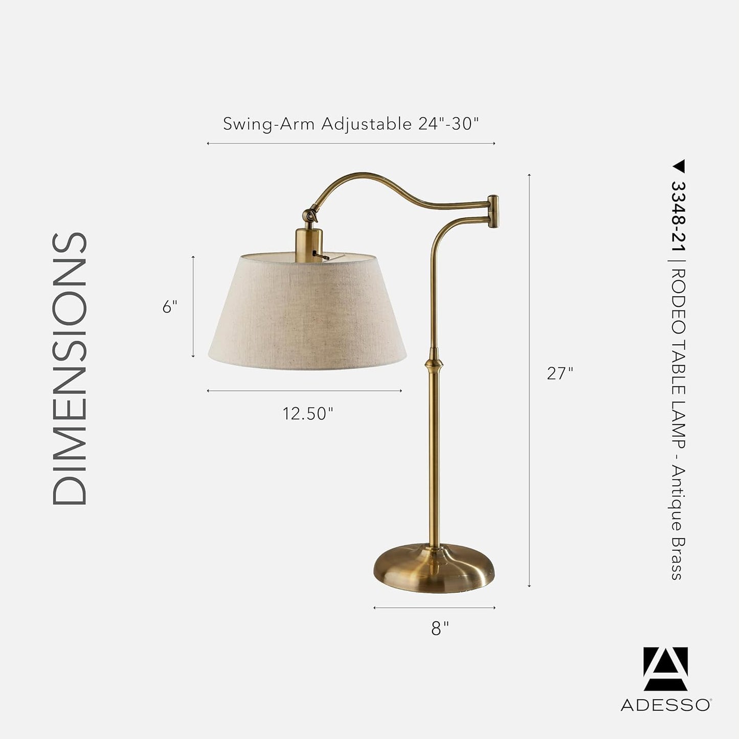 Adesso Antique Brass Table Lamp with Cream Fabric Shade - 180 Degree Adjustable Arm, Versatile Bedside Table, Living Room, or Desk Lamp, 27” Tall