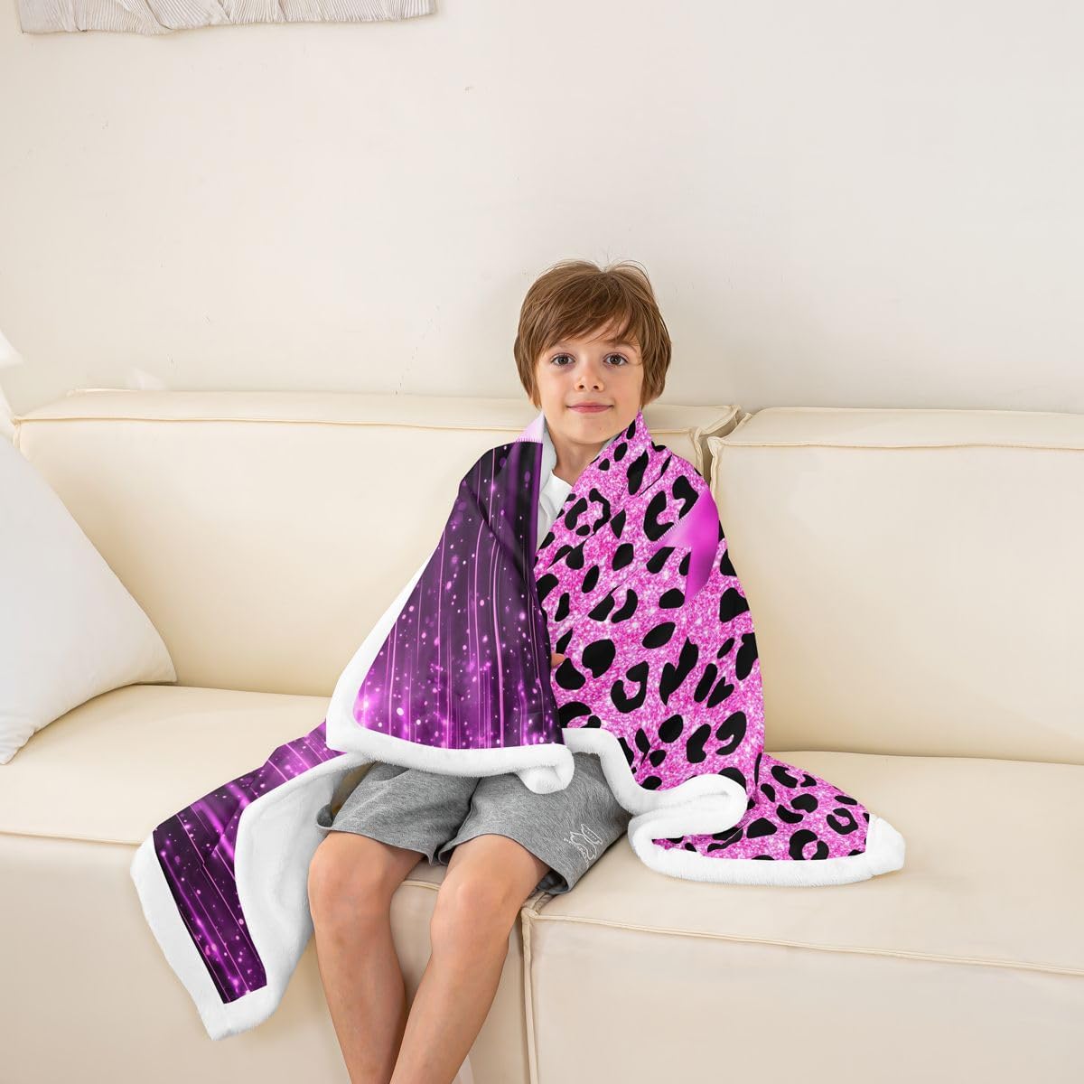 Feelyou Pink Purple Leopard Sherpa Blanket Plush Fuzzy Cute Bow Fleece Throw Blanket Boys Girls Sweet Animal Pattern for Bed Couch Chair Living Room Coquette Aesthetic Bedroom Decor 40"x50"