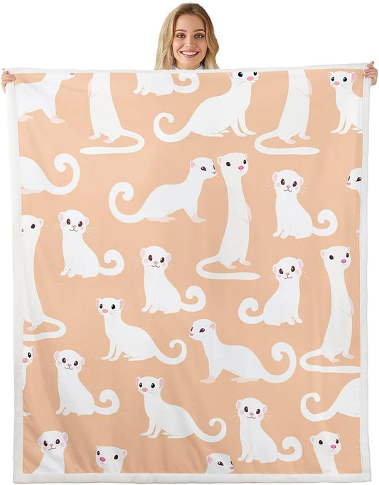White Ferret Throw Blanket Minks Weasel Animal Fleece Blanket Kawaii Wild Animals Blanket 50"x60",Cartoon Wildlife Pet Toddler Blanket for Kids Child Boys Girls Cute Room Decor,Beige
