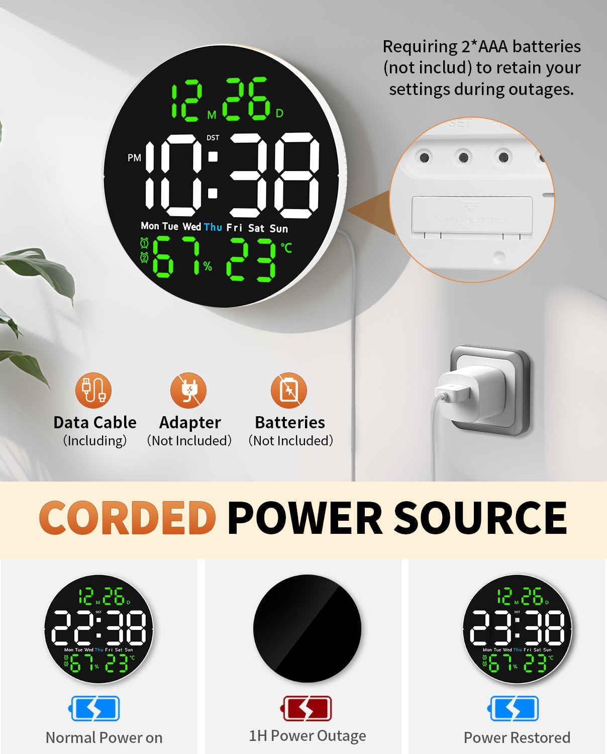 10 Inch Large Digital Wall Clock with 9 Color Changing Remote Control, Date Week Temperature, Auto Brightness Dimmer Big Clock with Night Lights,Green