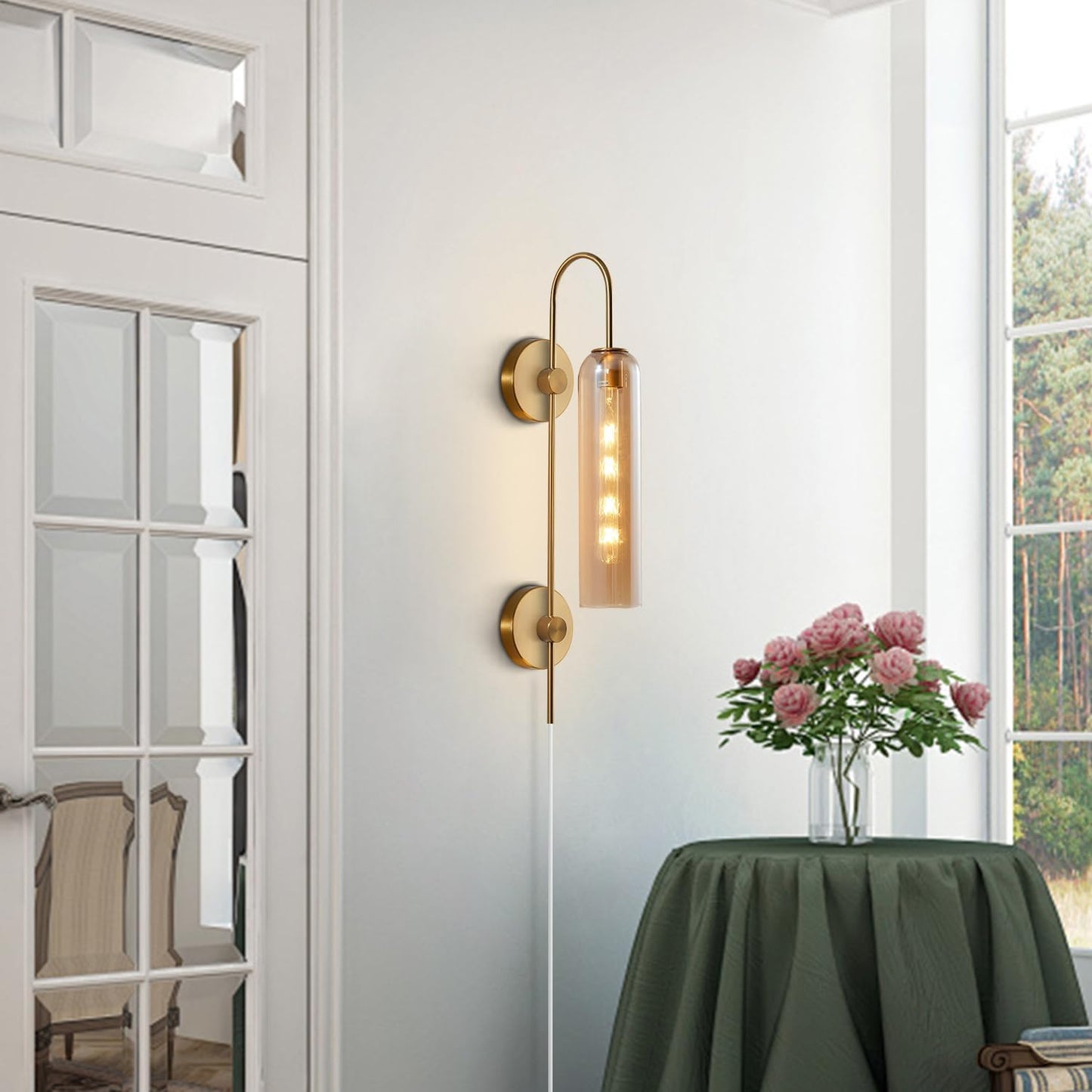 BOKT Modern 1-Light Amber Glass Wall Sconce Plug in Mid Century Brass Gold Wall Sconce Lighting Plug in Cord Industrial Vintage Indoor Long Bathroom Bar Wall Lamp (Amber)
