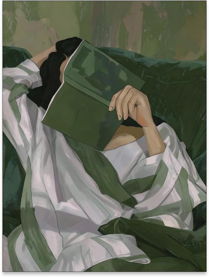 Trendy Women Reading Book Posters Emerald Green Wall Art Abstract Striped Decor Modern Feminine Canvas Prints Minimalist Woman Portrait Pictures Aesthetic for Living Room Bedroom House 12x16in Unframed