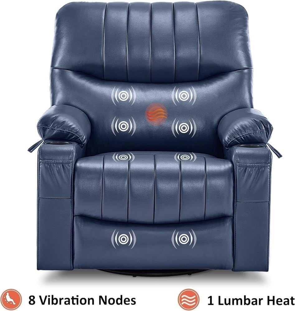Ergonomic Power Recliner with Swivel & Gentle Rocking – Heated Massage Chair with USB Charging, Cup Holders, Side Storage, Plush Upholstery, Ideal for Nursery, Living Room, and Home Theater