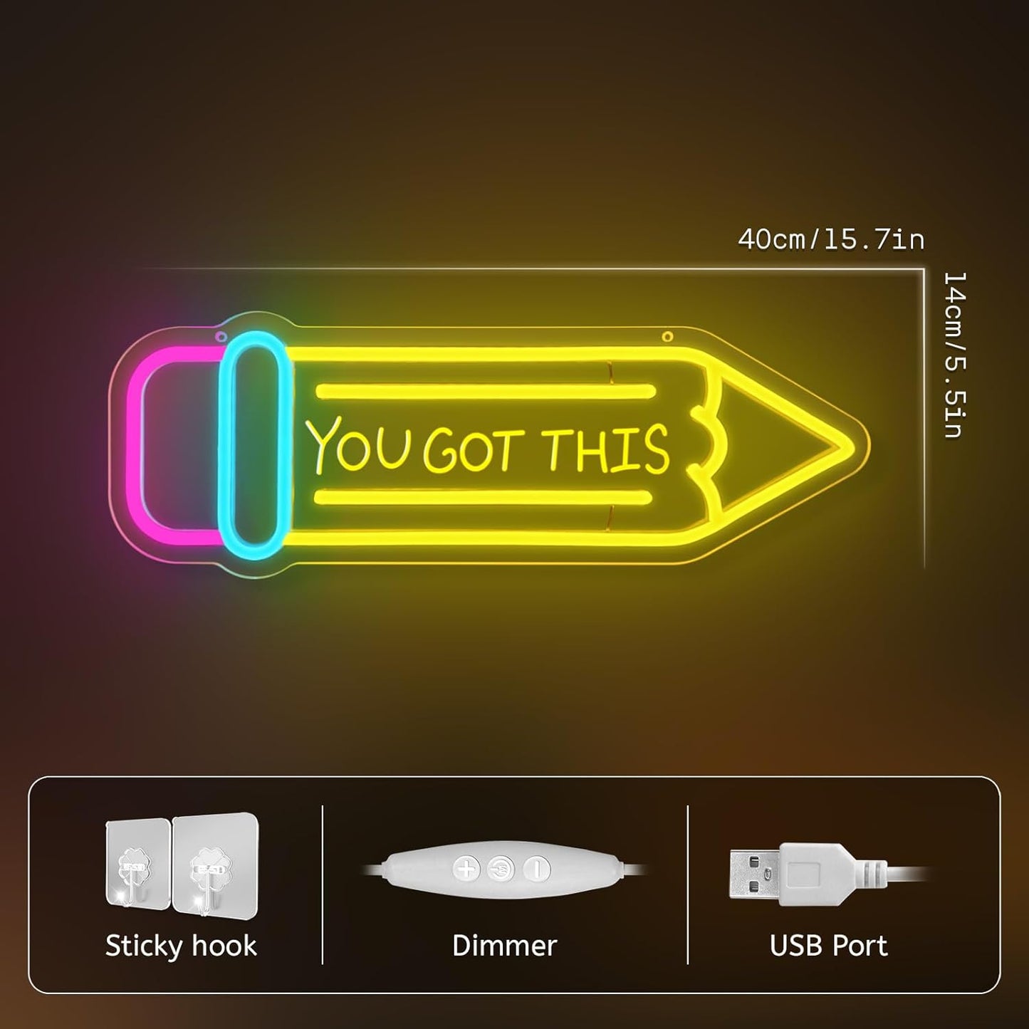 Pencil Neon Sign Dimmable Motivational Led Neon Light for Wall Decor USB Powered LED Sign for Inspirational Classroom Office Library Kids Wall Art Bedroom Classroom Backdrop Sign