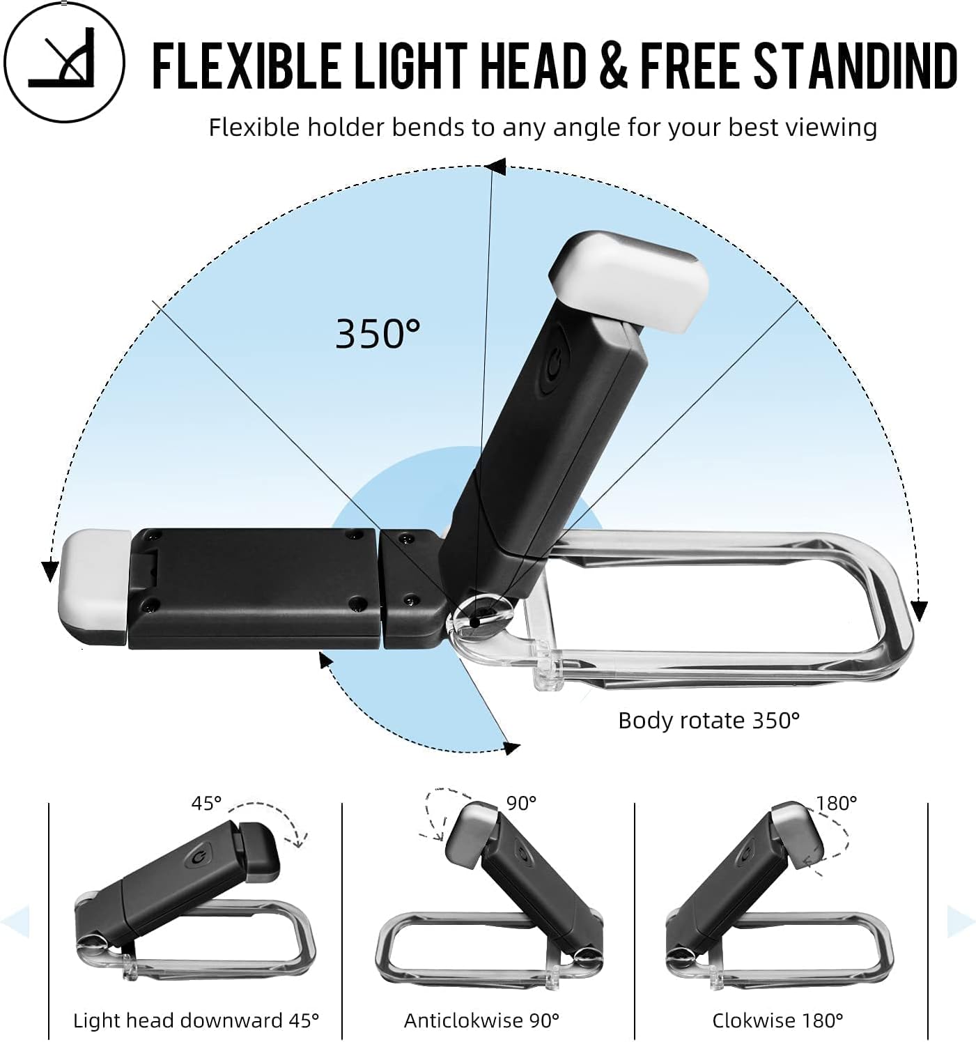 EGWASER Portable USB Rechargeable LED Clip-on Book Light for Eye-Protection, 3 Brightness Adjustable Dimmable Bookmark Light for Reading in Bed (Black)
