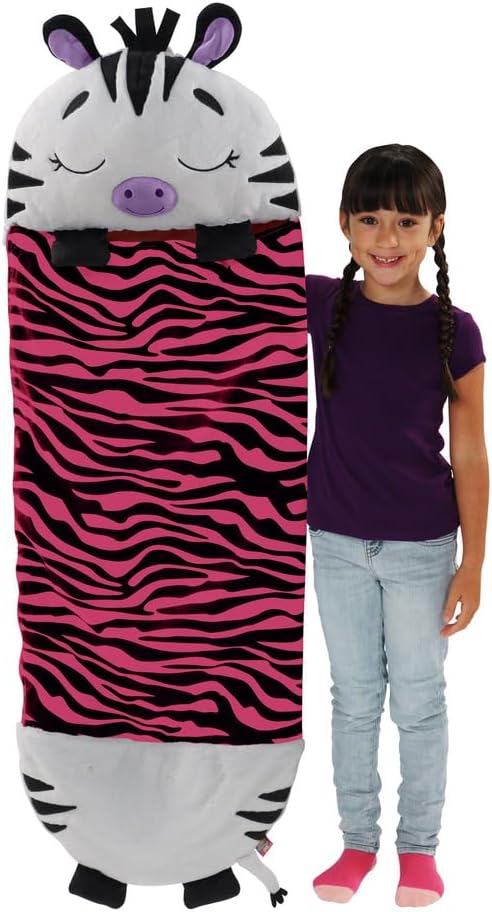 Happy Nappers Pillow & Sleepy Sack Zinnia Zebra- Comfy, Cozy, Compact, Super Soft, Warm, All Season, Sleeping Bag with Pillow- Medium 54” x 20”