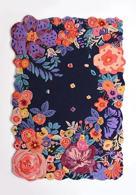 Floral Border Decorative Rug, Navy Blue with Colorful Flowers, 2x3 Feet