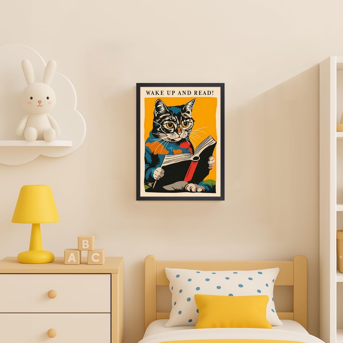 kilamino Wood Framed Funny Classroom Wall Art, Wake Up and Read Cat Wall Decor, Vintage Cute Animal Poster Print, Funny Reading Cat Canvas Painting for Library Classroom Bedroom School Office 16"x24"