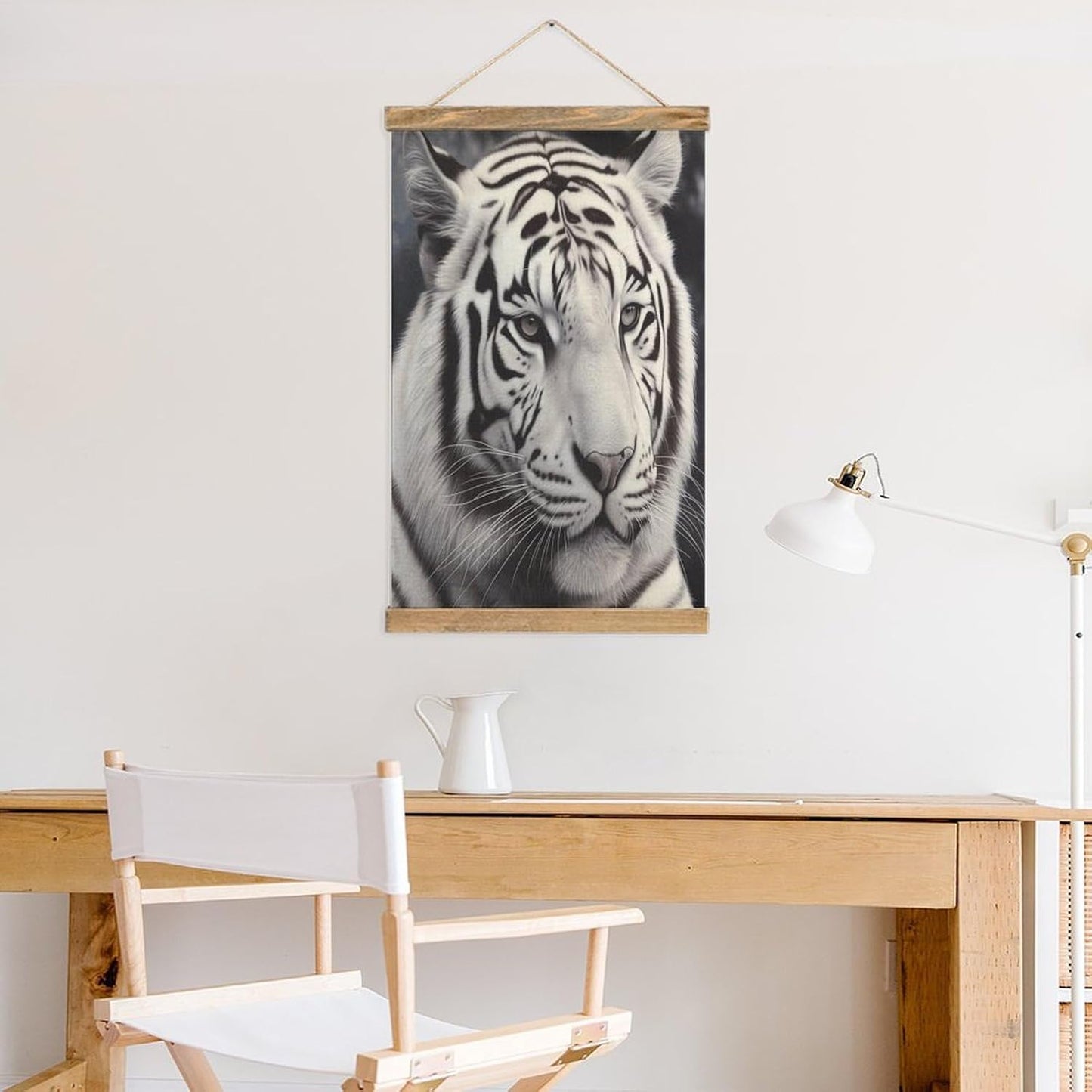 Vintage White Tiger Poster with Wooden Frame Personalized Linen Hanging Scroll Painting Rustic Wall Hanging Illustrative Modern Artwork Decor for Home Living Room Bedroom Office