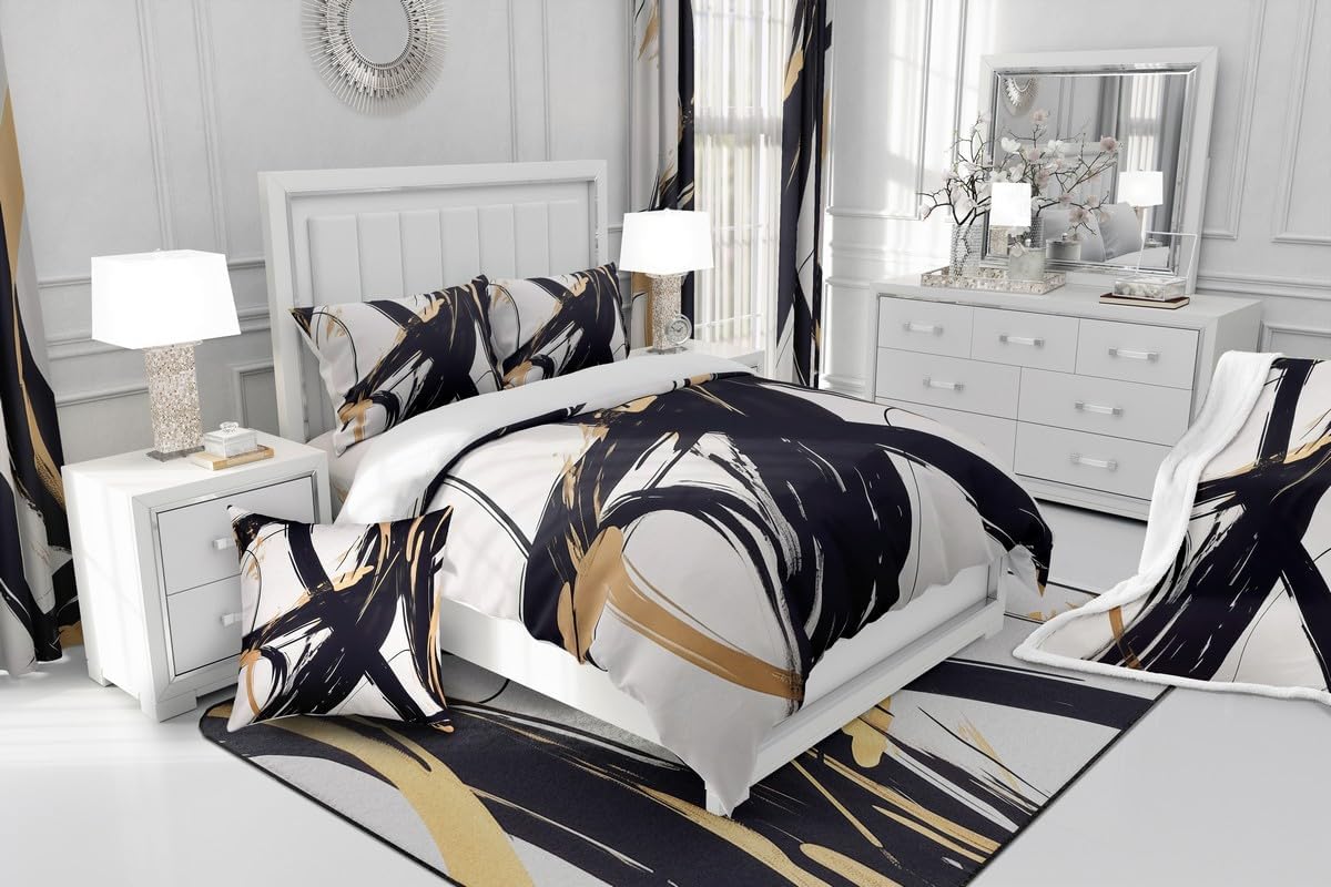 Feelyou Black Gold Abstract Art Line Fleece Throw Blanket Modern Geometric Sherpa Blanket Xmas Minimalist Ink Line Soft Fuzzy Blanket for Sofa Bed Couch 60"x80"