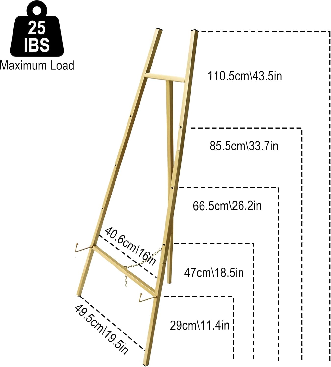43.5" Gold Easel Stand for Sign,4-Level Height Display Easel with Adjustable chain,Easy-to-Install Metal Easel for Painting,Wedding Sign,Poster,Commercial Display