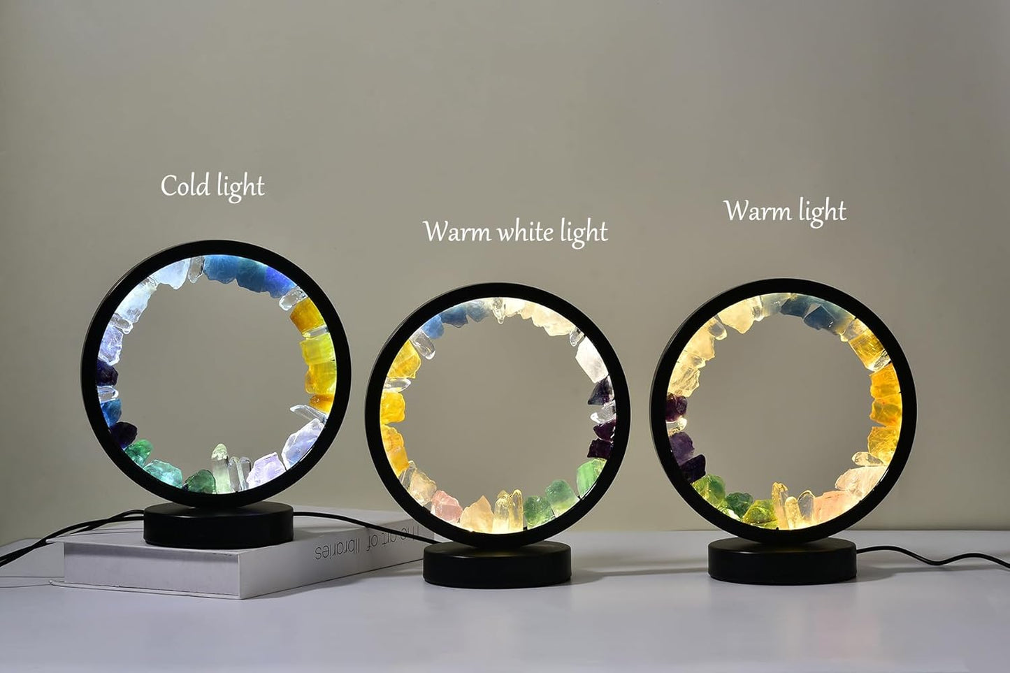 AMOYSTONE Natural Chakra Crystal Night Light with USB, Mixed Stones Round Meditation Lamp with 3-Color Control for Bedroom, Office & Home Decor (Push Button Switch)