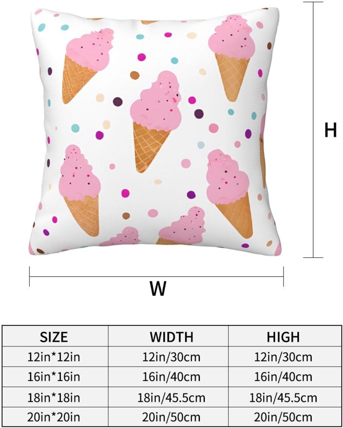 All-Season Square Pillow Covers 18"X18", Ice Cream Cones, Decorative Throw Pillow Covers for Sofa Bed Couch, Hidden Zipper Cushion Cover, Square Lumbar & Accent Pillowcases for Home Decor