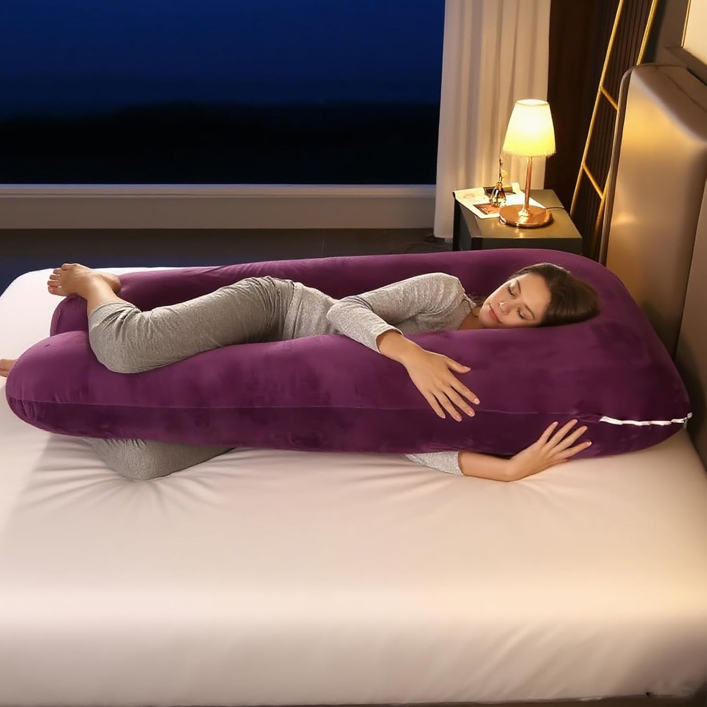 Amagoing 55 inches Pregnancy Pillows for Sleeping, U Shaped Maternity Full Body Pillow for Pregnant Women with Hip, Leg, Back, Belly Support, Washable Velvet Cover Included (Dark Purple)