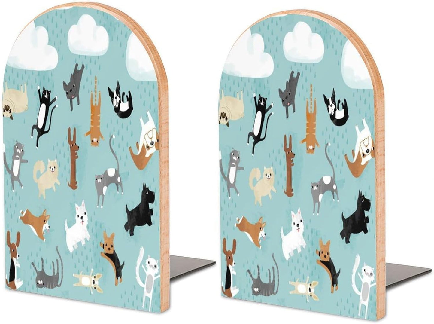 Rain Cat and Dog Wooden Bookend Non-Slip Book Ends Heavy Duty Book Stopper with Metal Base Books Holderd Decorative Bookends Stands Firmly for Office Supplies